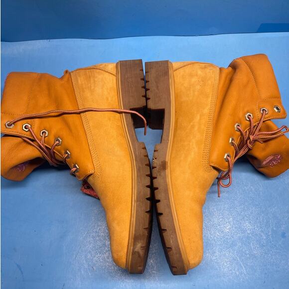 TIMBERLAND Women's sz 10 M Boots Shoes Tan Leather with Pink Lined Fold Over - Picture 8 of 10